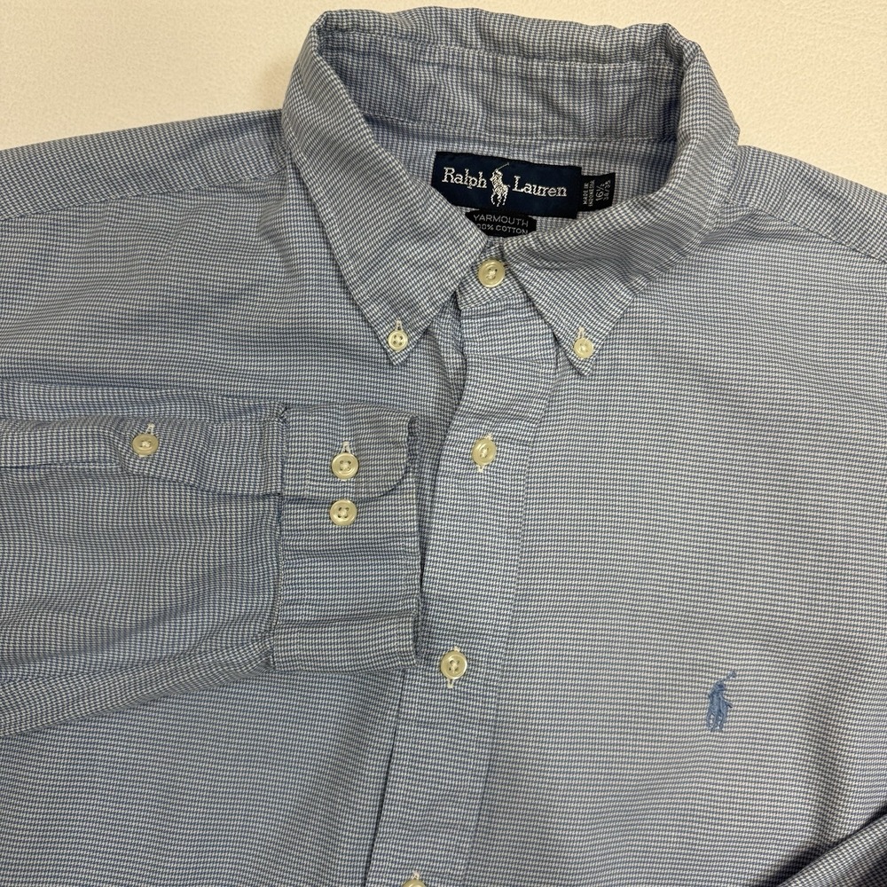 Polo Ralph‎ Lauren Yarmouth 100% Cotton Oxford Shirt Light Blue Houndstooth 16.5